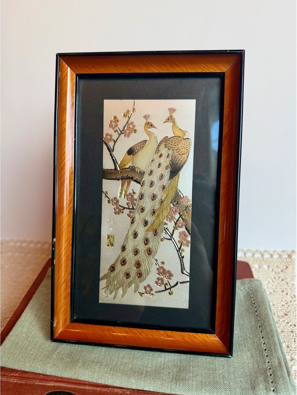 Vintage Japanese Copper Plate Peacock Wall Art Framed Made in Japan